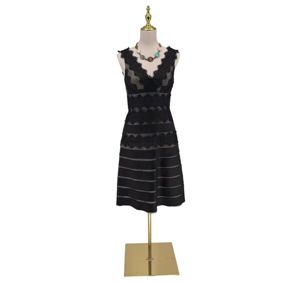 JS Collections Lace Sleeveless Dress 6P PETITE V-Neck Mesh Black Nude Cocktail - Picture 2 of 10